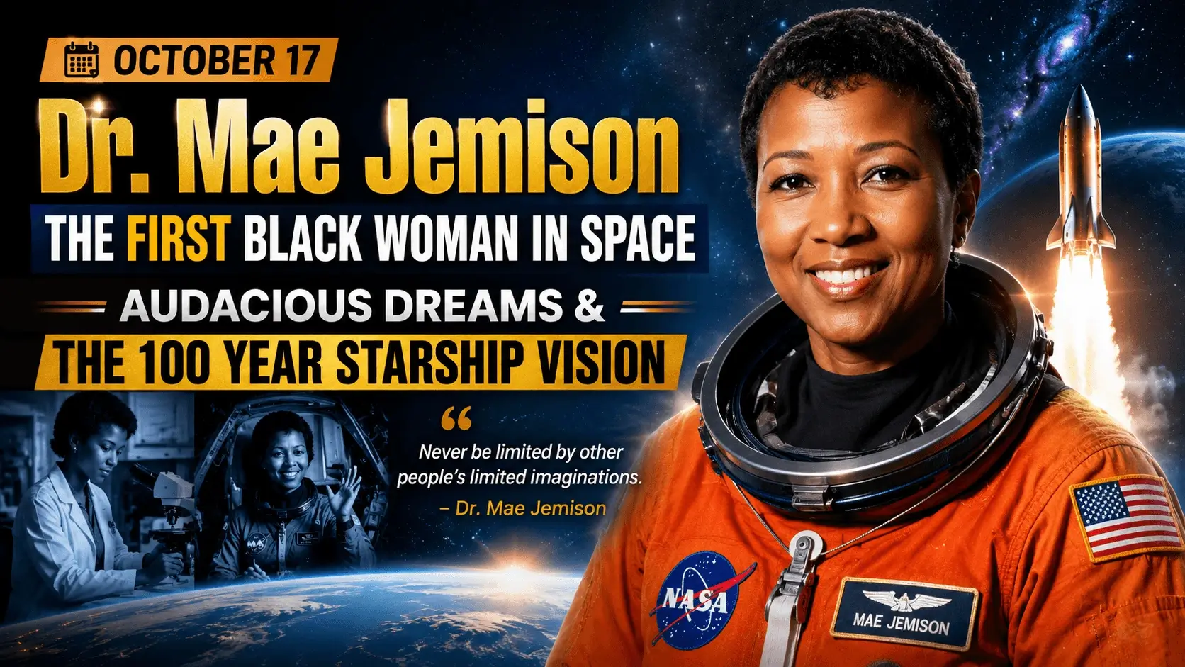 Dr. Mae Jemison (October 17): The First Black Woman in Space, Audacious Dreams & The 100 Year Starship Vision — Celebration Guide & Ideas