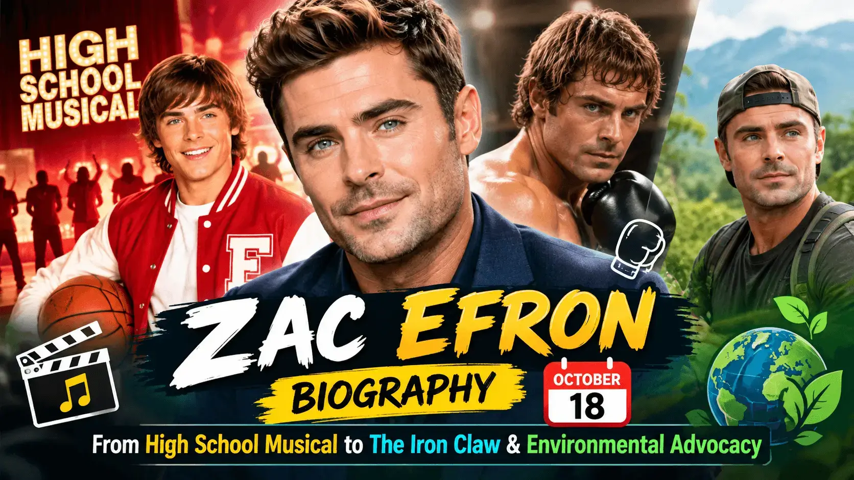 Zac Efron Biography (October 18): From High School Musical to The Iron Claw & Environmental Advocacy — Celebration Guide & Ideas